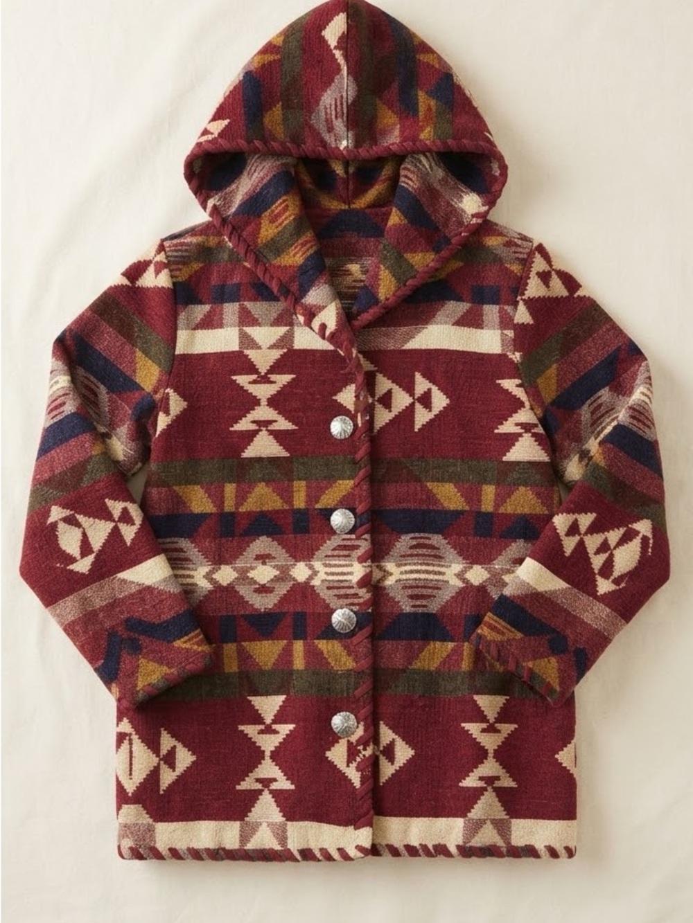 Vintage Southwestern Geometric Tapestry Hooded Jacket Silver Concho Buttons Med
